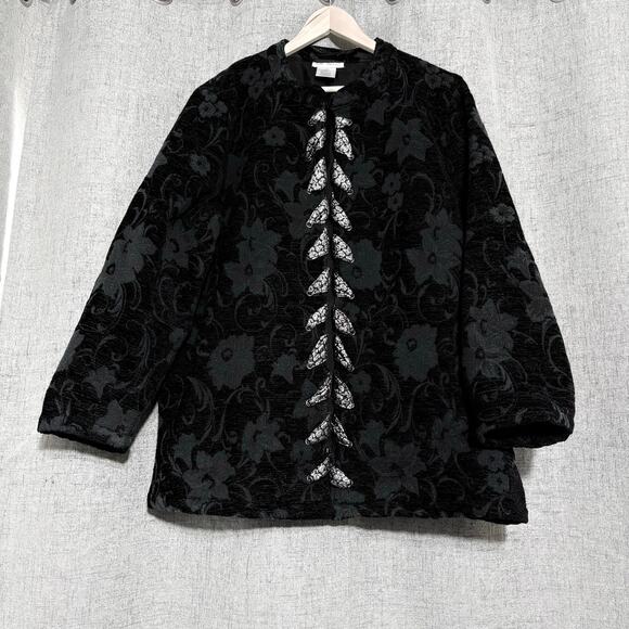 Ulla Popken Jackets & Blazers - Ulla Popken Jacket Women 16/18 Black Silk Gray Open Front Wearable Art Tapestry